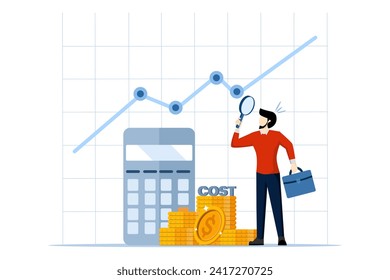 Sorgfältiger Geschäftsmann, der Lupe verwendet, um Kostendiagramme mit Taschenrechnern zu analysieren. Kostenmanagement oder Aufwandsanalyse, Geschäftsstrategie zur Analyse und Kostensenkung für mehr Profit-Konzept.