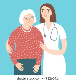 Careful cartoon woman doctor and and old lady.Health care and medical vector illustration for your design.
