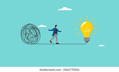 Careful of Problem Solving with creative idea solution, thought process to find a way out of a problem, conscientious businessman crossed a stretch of messy lines to a lightbulb idea