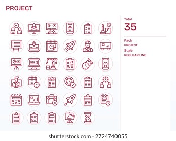 Una colección cuidadosamente equilibrada de 35 íconos de línea regular que hacen eco de Project, ideal para sistemas modernos.