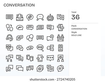 Una colección cuidadosamente equilibrada de 36 íconos de Bold Line haciendo eco de Conversation, ideal para sistemas modernos.