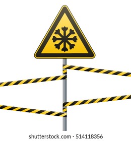 Carefully cold. Warning sign safety. A pillar with a sign and warning bands. White background. Isolated objects. Vector Image.