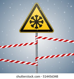 Carefully cold. Warning sign safety. A pillar with a sign and warning bands. Isolated objects. Vector Image.