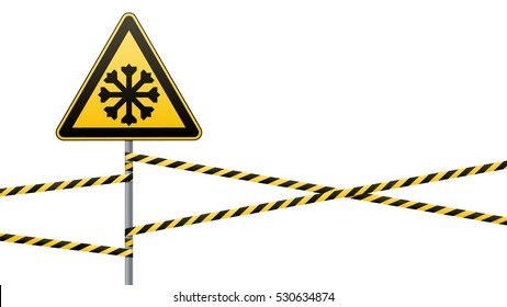 Carefully cold. Warning sign safety. A pillar with a sign and warning bands. White background.  Vector Image.