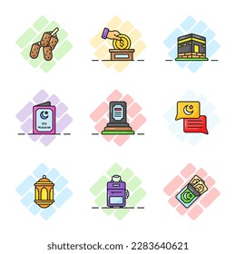 Juego de íconos relacionados con el Ramadán y Eid al fitr cuidadosamente diseñados, vector de estilo moderno