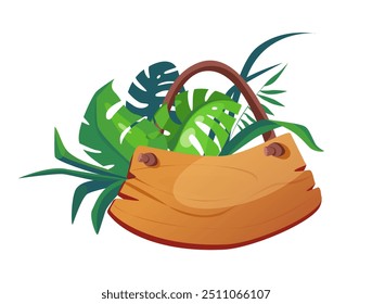 Carefully designed handbag surrounded by tropical plants flat vector illustration the tropical style and wooden purse give a unique sunday look to the design