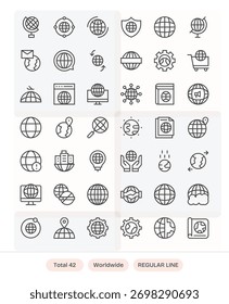 Uma biblioteca cuidadosamente projetada de 42 ícones de linha regular para o mundo todo, consistente e escalável.