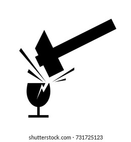 Carefully fragile load, do not hit, attention glass sign. Vector silhouette of a hammer striking a glass on white background.