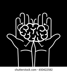 Carefully holding brain in two hands. Vector concept illustration of taking care about brain | flat design linear infographic icon white on black background