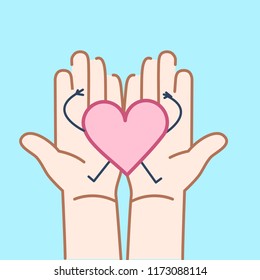 Carefully holding heart in two hands. Vector concept illustration of taking care about heart | flat design linear infographic icon on v blue background