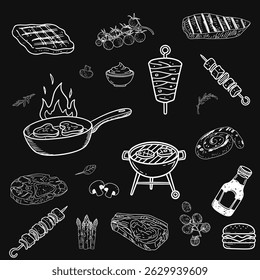 A carefully prepared vector drawing collection for meat lovers. These designs, decorated with hand-drawn details, can be used in poster and brochure applications.