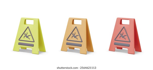 Carefully slippery floor sign. Portable banner for fencing sanitary area. Label for wet area. Set of vector elements in different colors. Template with falling man