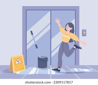 Carefully washed concept. Woman slips on wet floor next to elevator. Young girl near basket with cleaning supplies and warning caution sign indoor. Cartoon flat vector illustration