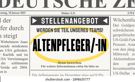 Caregiver (Altenpfleger) - German language job offer. Newspaper classified ad. All text content written by me.