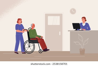 A caregiver assisting an elderly man in a wheelchair toward a receptionist at a medical or care facility.