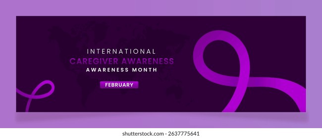 Caregiver Awareness campaign banner with purple ribbon symbols on gradient pastel light purple background.
