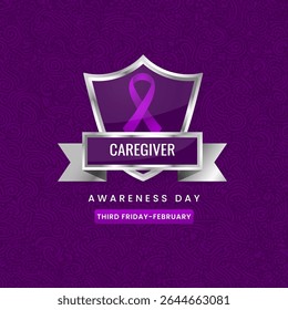 Caregiver awareness month background. Shield design with purple silk ribbon.