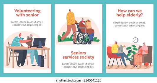 Caregiver Care of Elderly People Banners. Transportation by Wheelchair, Teach Use Pc, Caregiving, Social Help to Senior Characters , Support, Help or Assistance to Aged Persons. Cartoon Vector Posters