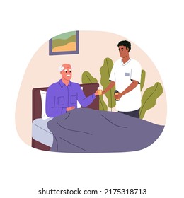 Caregiver caring about elderly man, lying in bed. Social worker help old senior person with drink. Nurse assistance, support for aged patient. Flat vector illustration isolated on white background