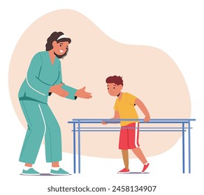 Caregiver Character Assisting Child In Practicing Rehabilitation Exercises On Parallel Bars, Supporting Their Development And Recovery Through Therapeutic Movements And Activities. Vector Illustration