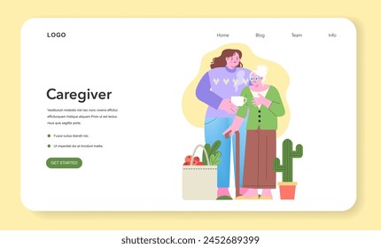 Caregiver concept. A nurturing scene of shared warmth and care. Intergenerational bond and domestic tranquility. Homely atmosphere with plants. Vector illustration.