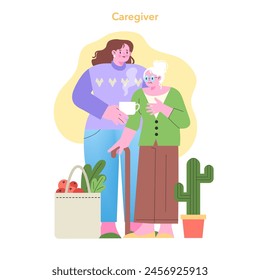 Caregiver concept. A nurturing scene of shared warmth and care. Intergenerational bond and domestic tranquility. Homely atmosphere with plants. Vector illustration.