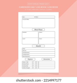 Caregiver Daily Log Book | Caregiver Daily Note Book | Caregiver Daily Journal Printable Template