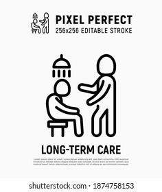 Caregiver with elderly person helps to take shower. Thin line icon. Assisted living in nurse house. Geriatric medicine. Pixel perfect, editable stroke. Vector illustration.