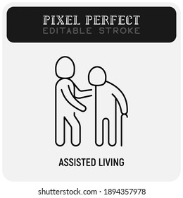 Caregiver with elderly person. Thin line icon. Assisted living in nurse house. Geriatric medicine. Pixel perfect, editable stroke. Vector illustration.