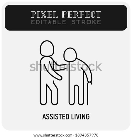 Caregiver with elderly person. Thin line icon. Assisted living in nurse house. Geriatric medicine. Pixel perfect, editable stroke. Vector illustration.