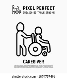 Caregiver With Elderly Person In Wheelchair. Thin Line Icon. Assisted Living In Nurse House. Geriatric Medicine. Pixel Perfect, Editable Stroke. Vector Illustration.