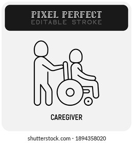 Caregiver with elderly person in wheelchair. Thin line icon. Assisted living in nurse house. Geriatric medicine. Pixel perfect, editable stroke. Vector illustration.