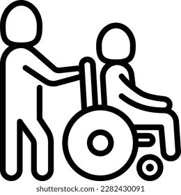 Caregiver with elderly person in wheelchair. Thin line icon. Assisted living in nurse house. Geriatric medicine. Vector illustration.