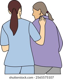 A caregiver gently providing physical and emotional support to an elderly woman showcasing compassion, empathy, and support, for use in senior care services, wellness program, healthcare campaigns