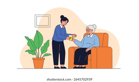 A Caregiver is Giving Medicines To An Elderly Woman Sitting