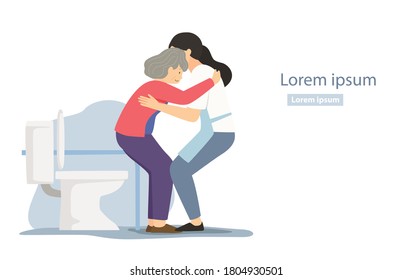 caregiver help old woman using toilet cartoon character design