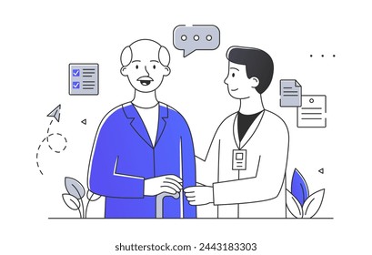 El cuidador ayuda simple. Atención de salud y medicina, tratamiento. Apoyo y asistencia al abuelo. Doctor con un hombre mayor. Doodle ilustración vectorial plana aislada sobre fondo blanco