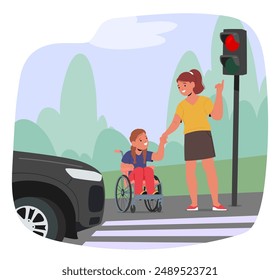 Cuidador Que Ayuda A Un Niño En Una Silla De Ruedas A Cruzar Una Calle Con Seguridad En Un Cruce. Caracteres Que Enfatizan Conceptos De Conciencia, Seguridad Y Cuidado De Discapacitados. Ilustración vectorial de Personas de dibujos animados