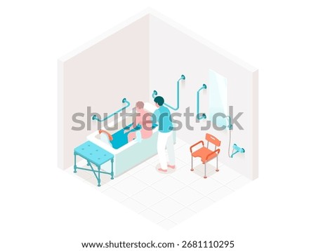 Caregiver helping elderly man with bathing in nursing home. Hospice and short-stay elderly care with supportive and safe environment