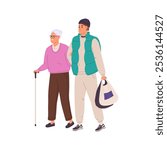 Caregiver helps senior woman to walk. Carer assisting to elderly lady to carry bags of grocery. Son cares about his old mother, supports, leads. Flat isolated vector illustration on white background