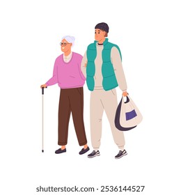 Caregiver helps senior woman to walk. Carer assisting to elderly lady to carry bags of grocery. Son cares about his old mother, supports, leads. Flat isolated vector illustration on white background