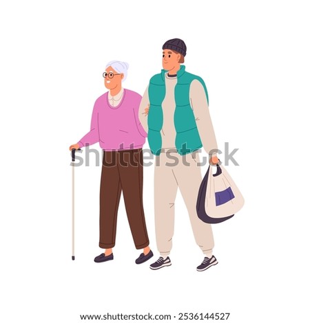 Caregiver helps senior woman to walk. Carer assisting to elderly lady to carry bags of grocery. Son cares about his old mother, supports, leads. Flat isolated vector illustration on white background