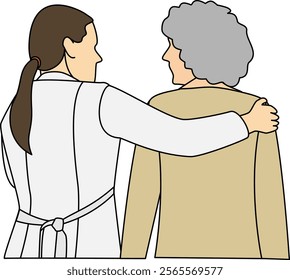 A caregiver with her arm gently around an elderly woman showcasing compassion, caregiving, and support for seniors in elder care services, senior assistance, medical and healthcare campaigns