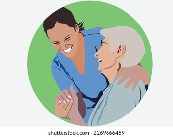 A caregiver holds grandmother's hand while smiling. Illustration of the work of a care taker