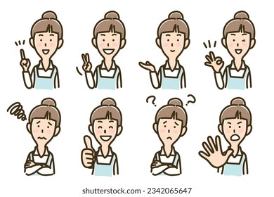 caregiver housewife pose facial expression set,Vector Illustration