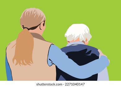 A caregiver is hugging an old woman seen from behind isolated on color background