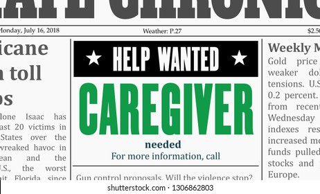 Caregiver Job Offer. Newspaper Classified Ad In Fake Generic Newspaper.