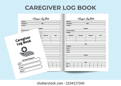 Caregiver journal interior. Caregiver information and client activities tracker interior. Interior of a notebook. Physician care info tracker and caregiver daily routine checker template.