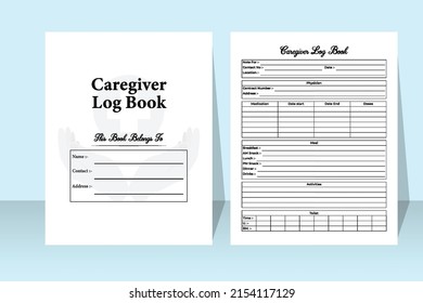 Caregiver log book interior. Caretaker information tracker and patient activities checker template. Interior of a journal. Physician routine and patient daily meal planner interior.