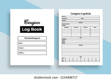 Caregiver notebook interior. Physician information and patient meal planner template. Interior of a logbook. Caregiver activities checker and client information notebook interior.